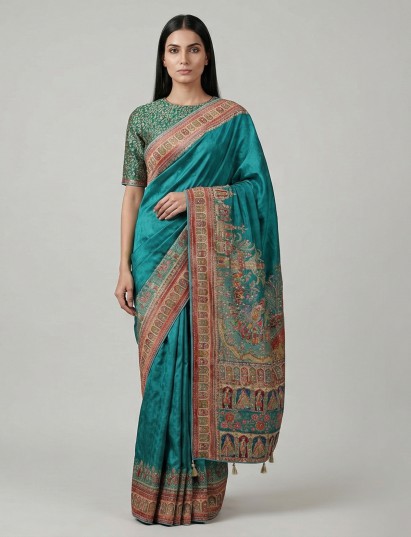 Aqua blue art silk mirror work designer saree