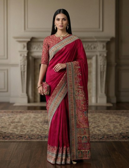 Rani pink art silk mirror work festive saree