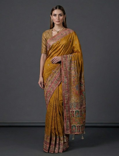 Mustard yellow art silk mirror work haldi saree