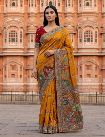 Mustard yellow art silk zardosi work festive saree