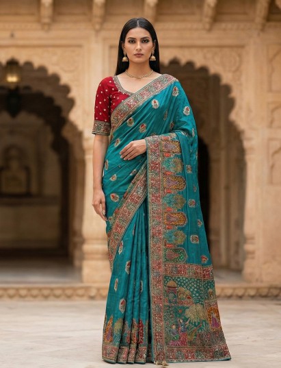 Aqua blue art silk zardosi and mirror work saree