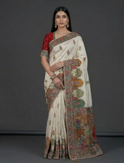 Cream art silk zardosi and mirror work festive saree
