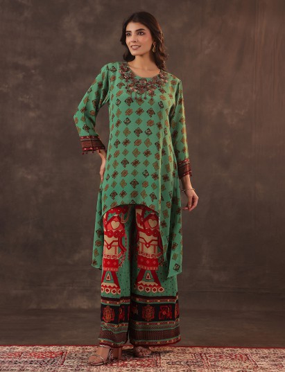Light green crepe silk printed palazzo kurti set