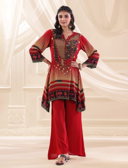 Red crepe silk printed yoke style palazzo set