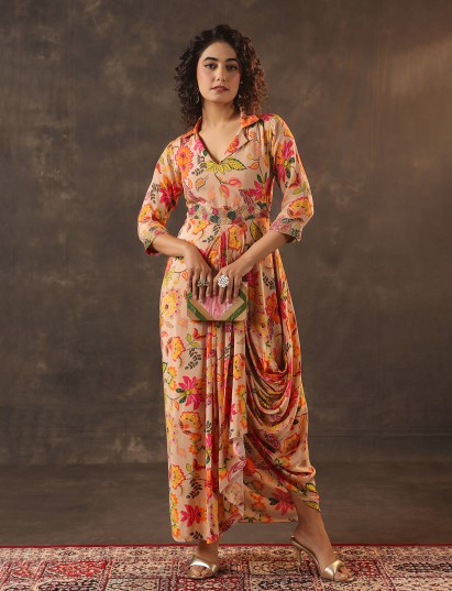 Beige floral printed crepe silk designer kurti