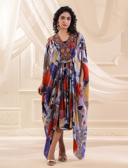 Purple printed georgette silk kaftan style kurti