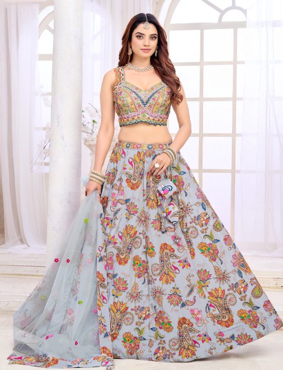 Grey silk printed lehenga choli with embroidery
