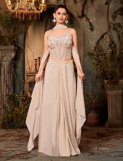 Beige crepe silk cutdana worked lehenga choli