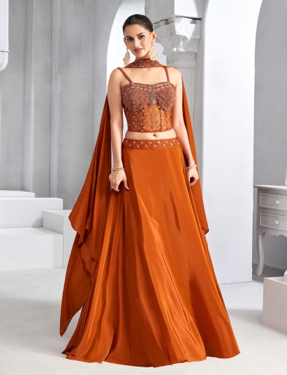 Rust orange crepe silk reception wear lehenga choli
