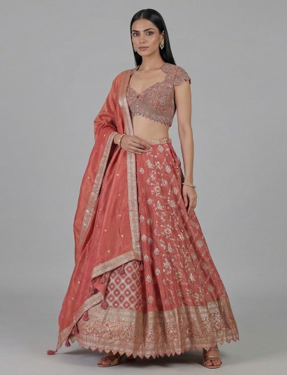 Dark peach banarasi silk zardosi designer lehenga choli