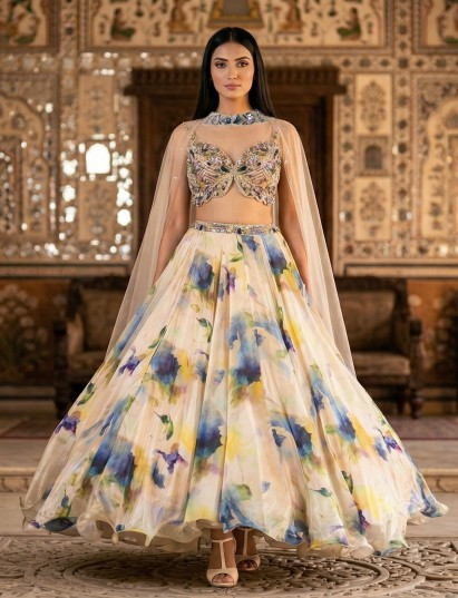 Cream crepe silk sequins designer party wear lehenga choli