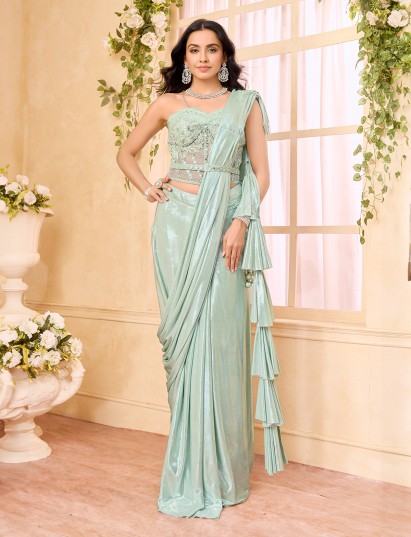Mint green lycra ready to wear saree