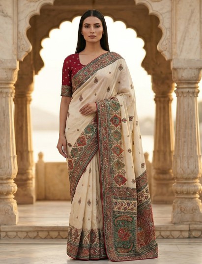 Cream silk colorful motif festive saree wear
