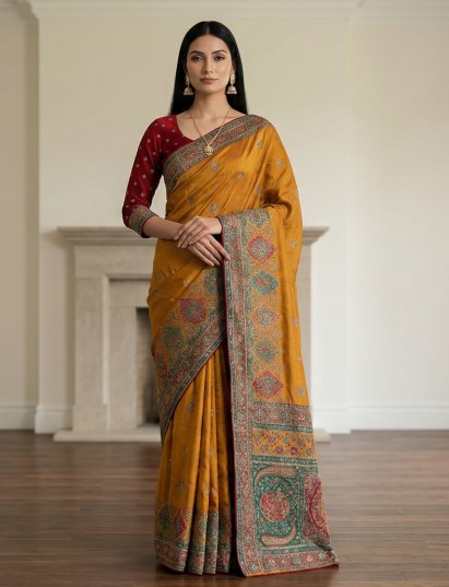 Mustard yellow silk zardosi embellished festive saree