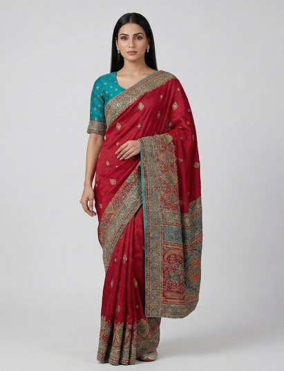 Maroon silk mirror zardosi festive wedding saree