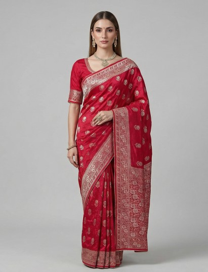 Rani pink dola silk festive zari detailed saree
