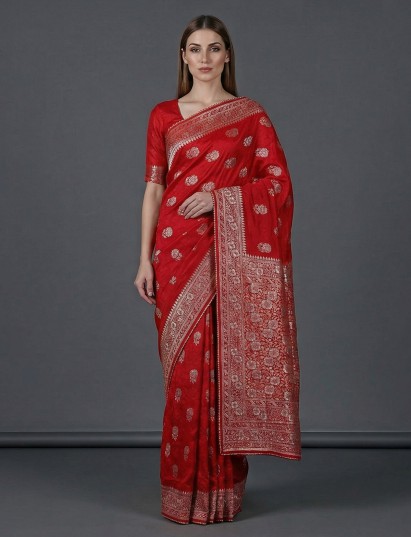 Red dola silk wedding wear zari embellished saree