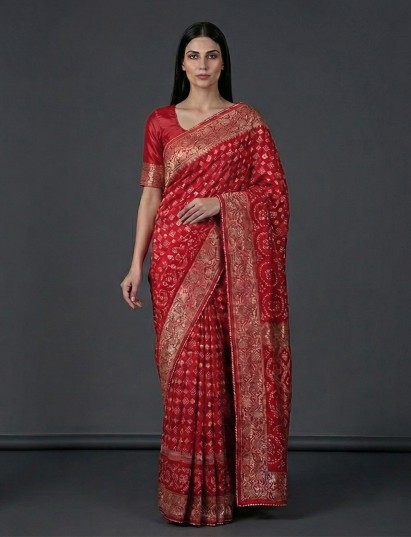 Red bandhej dola silk festive zari crafted saree