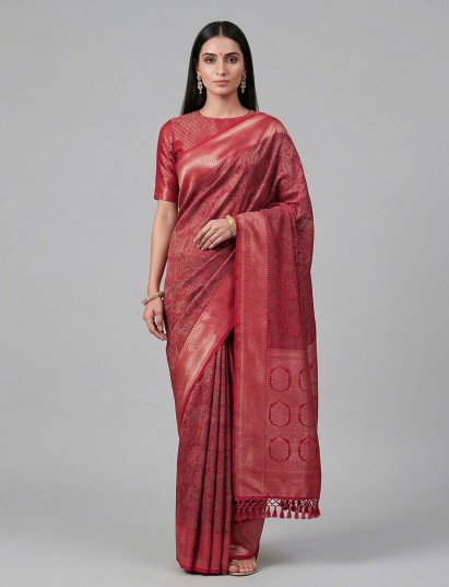 Rani pink art pashmina silk festive zari saree