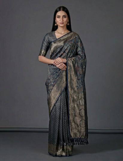 Navy blue art pashmina silk zari festive saree
