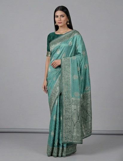 Firozi blue dola silk shaded festive designer saree