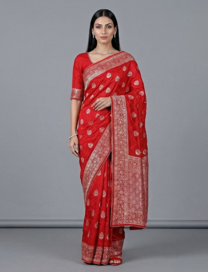 Red dola silk festive zari embellished saree