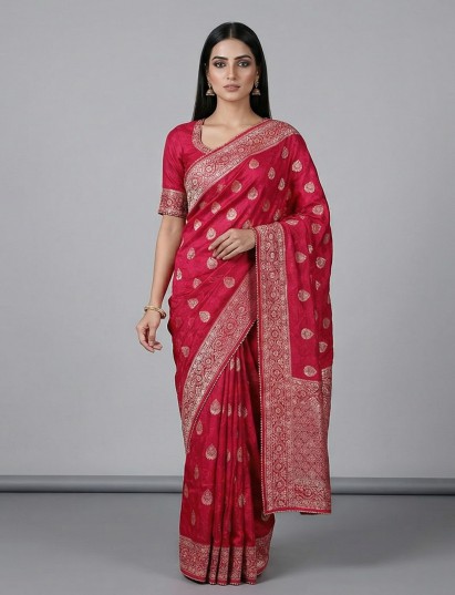 Rani pink dola silk wedding embellished saree