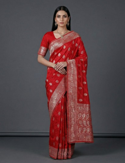 Red dola silk wedding festive embellished saree