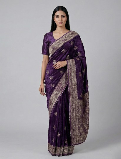 Purple dola silk festive embellished designer saree