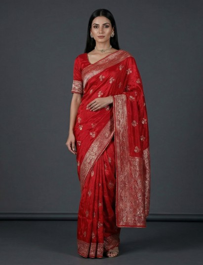 Red dola silk wedding festive designer saree