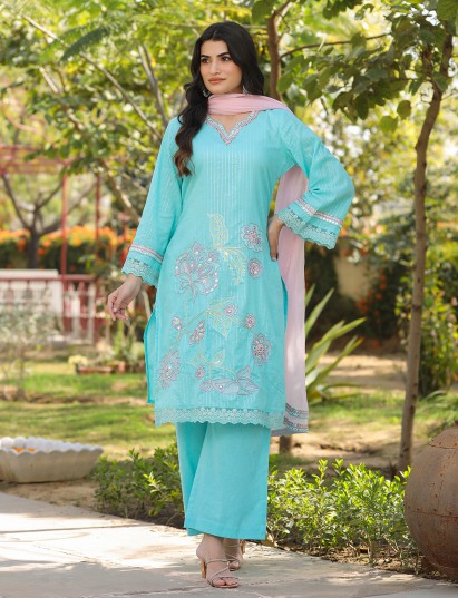 Aqua blue cotton silk pakistani style palazzo festive set