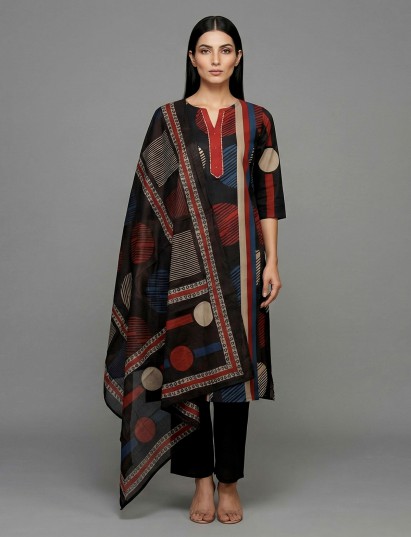 Black silk straight cut printed casual kurti set
