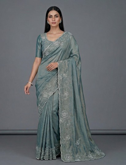 Pastel stone blue art tissue embellished festive saree