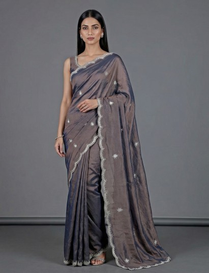 Pastel purple art tissue scallop border festive saree