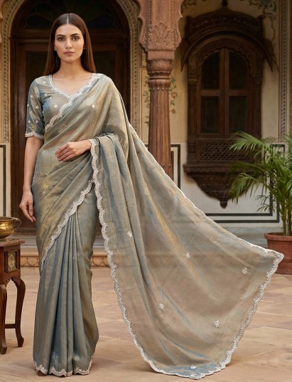 Mint blue art tissue embellished party wear saree