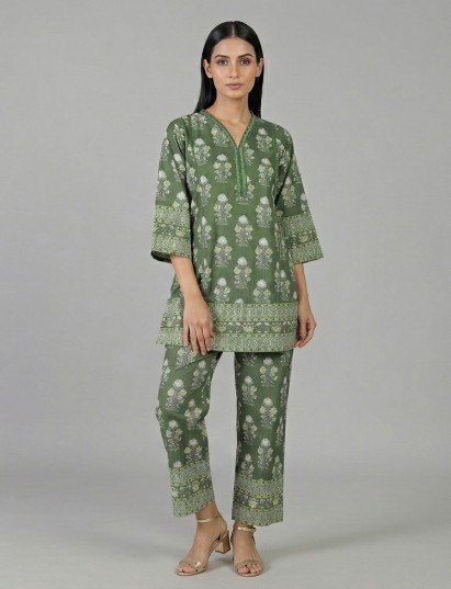 Mehendi green cotton casual floral co ord set with pants