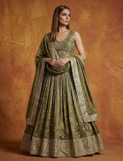Mehendi green banarasi silk mirror work festive lehenga choli