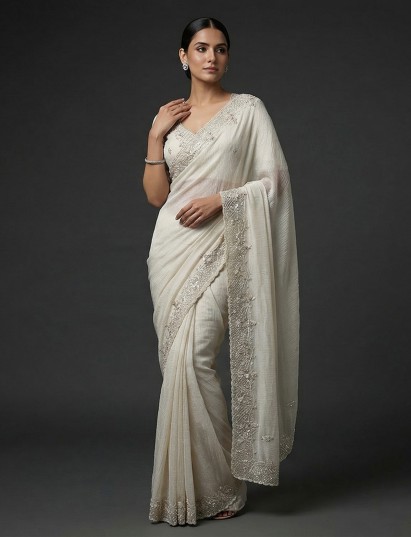 White chiffon wedding reception party wear saree