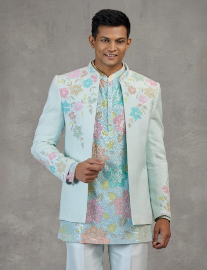 Graceful sky blue silk indowestern set for reception