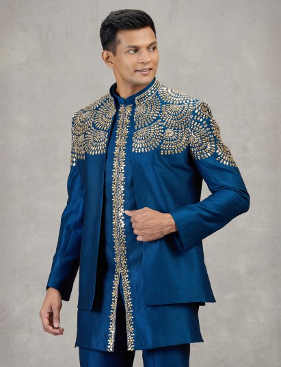Regal dark blue silk indowestern set with mirror work
