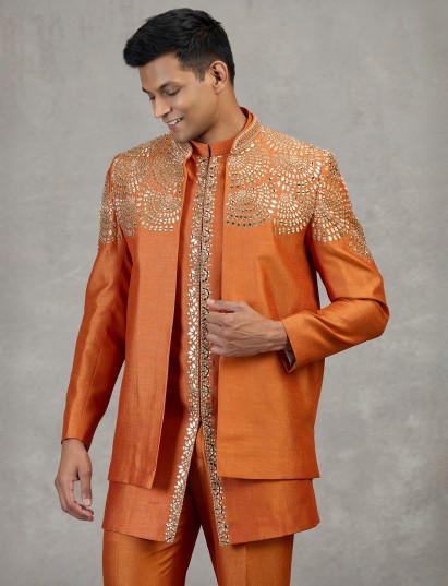 Vibrant orange silk wedding indowestern set with mirror work