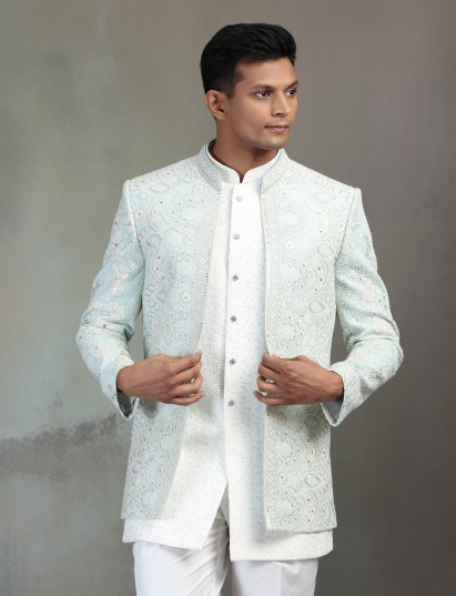Elegant white and light blue Indowestern set with thread detailing