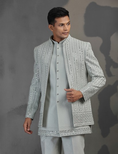 Sophisticated grey mirror worked silk blend Indowestern set for reception