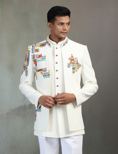 Stylish off white terry rayon Indowestern set with multicolor bead detailing
