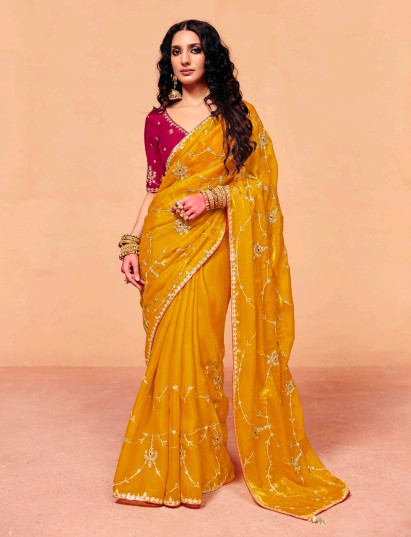 Mustard yellow tissue silk embroidered festive saree