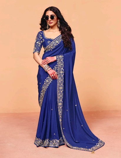 Royal blue tissue silk embroidered designer saree