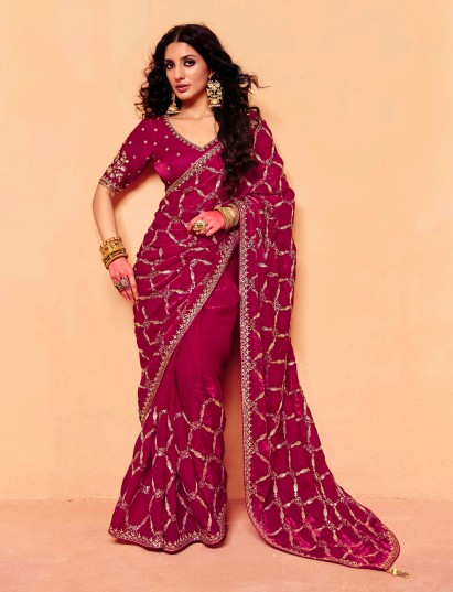 Pastel wine tissue silk embroidered party wear saree