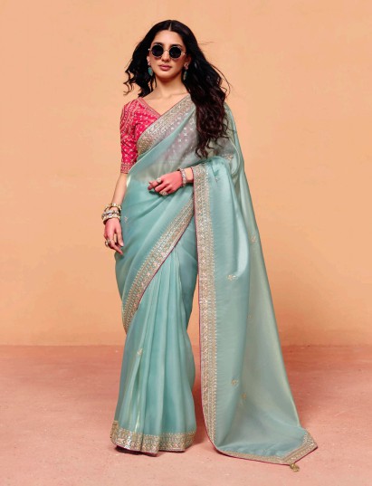 Aqua blue tissue silk stylish festive saree