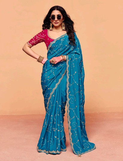 Aqua blue tissue silk embroidered party wear saree