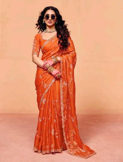 Rust orange tissue silk embroidered festive saree
